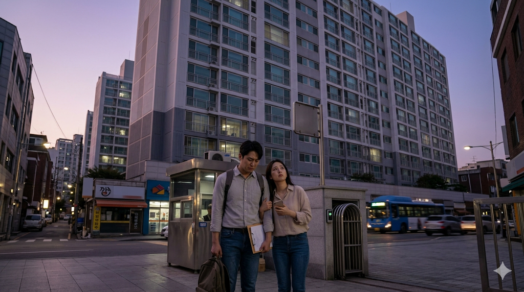 텅 빈 서울 아파트 단지 앞에서 막막한 표정으로 서 있는 부부