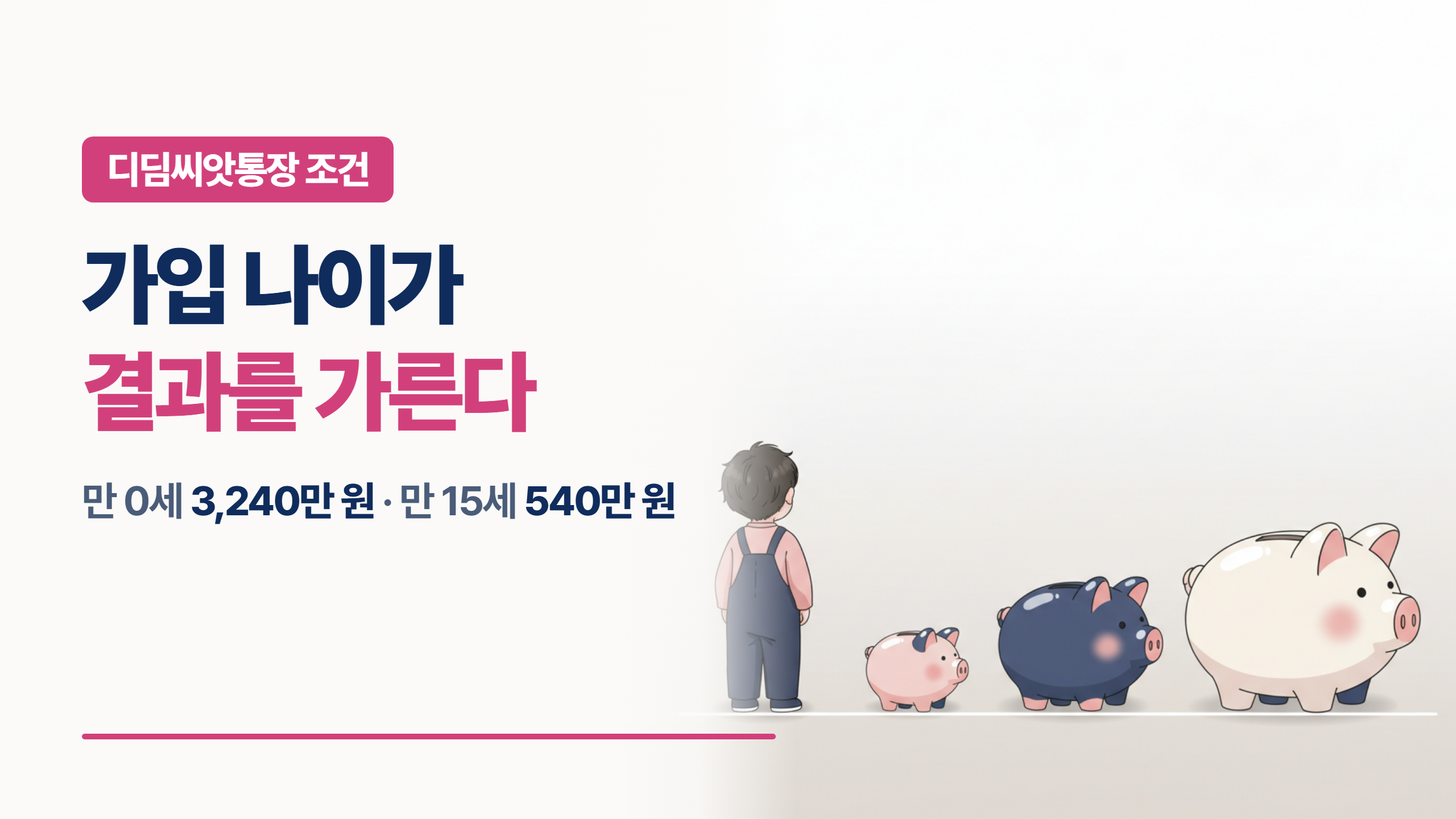 디딤씨앗통장 조건, 가입 나이가 결과를 가른다 &mdash; 아이와 점점 커지는 저금통 세 개를 시간축에 놓은 일러스트 이미지