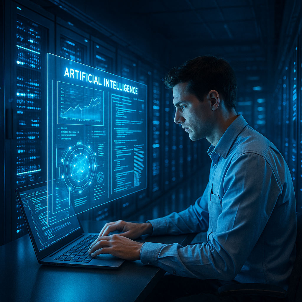 A modern AI data center with glowing blue servers, an engineer analyzing data on a holographic screen, futuristic cyber environment, ultra-realistic