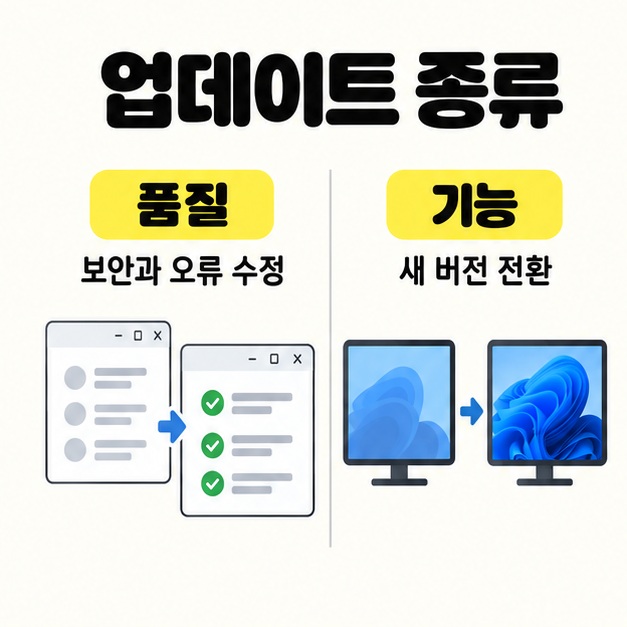 품질 업데이트의 보안과 오류 수정, 기능 업데이트의 새 버전 전환을 수정 전후 화면과 모니터 그림으로 비교한 도식