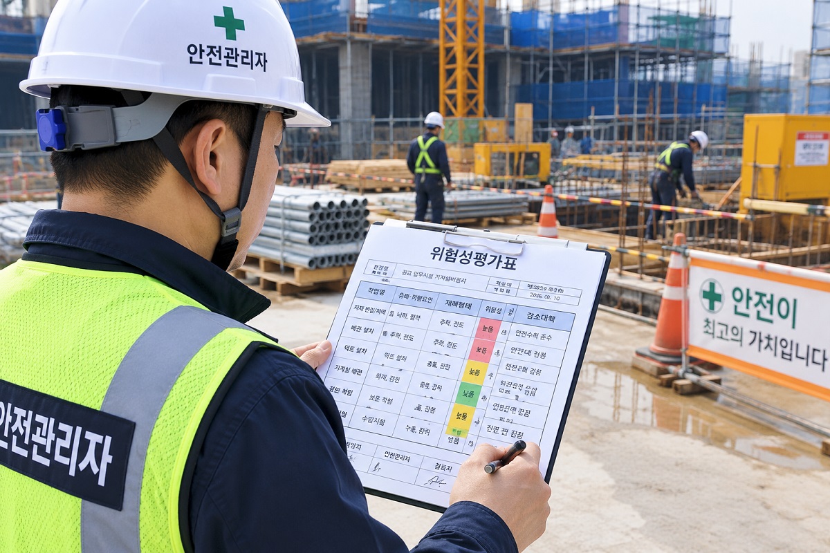건설현장 안전관리자가 위험성평가를 실시하는 모습