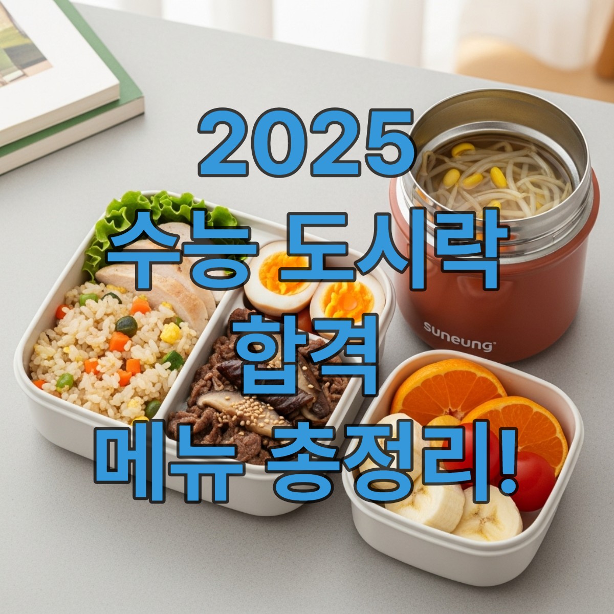 영양 균형이 잘 잡힌 수능 도시락. 닭가슴살 볶음밥, 소고기 유부초밥, 과일, 맑은 콩나물국 등이 정갈하게 담겨 있어 수험생의 건강과 집중력을 위한 완벽한 합격 메뉴를 보여줍니다.