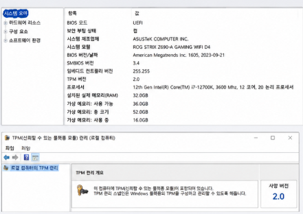 발로란트 VAN 9003 오류 확인을 위한 Windows TPM 2.0 상태 화면