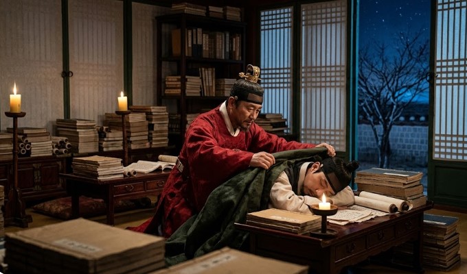 극심한 과로와 수면 부족을 상징하는 장면으로, 밤새 학문 연구를 하다 지쳐 잠든 신숙주에게 자신의 옷을 다정하게 덮어주는 세종의 따뜻하면서도 피로한 모습입니다.