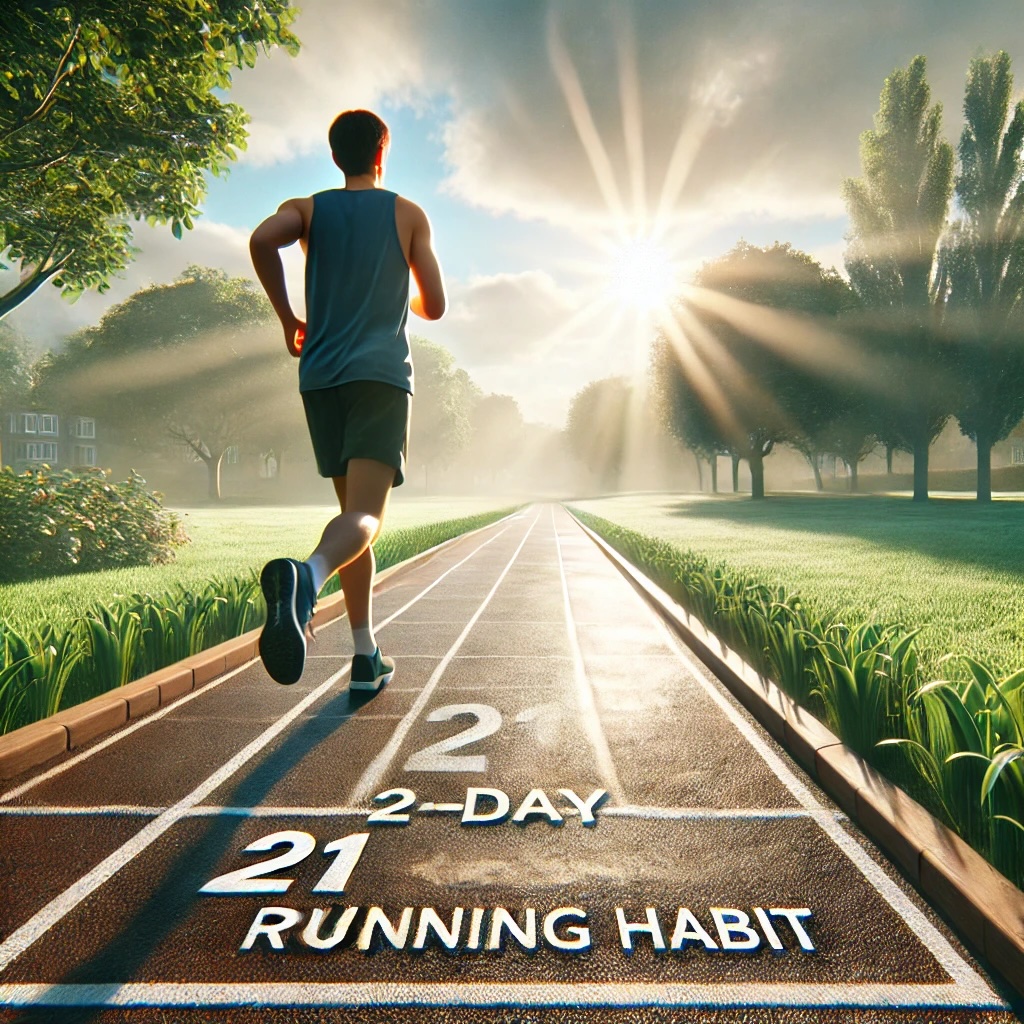 해가 뜨는 아침에 공원에서 꾸준히 러닝을 실천하여 습관으로 만드는 모습을 시각화한 이미지 사진