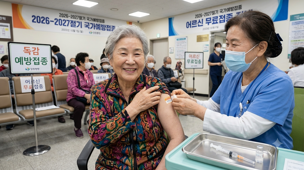 병원에서 독감 예방접종을 받는 65세 이상 어르신