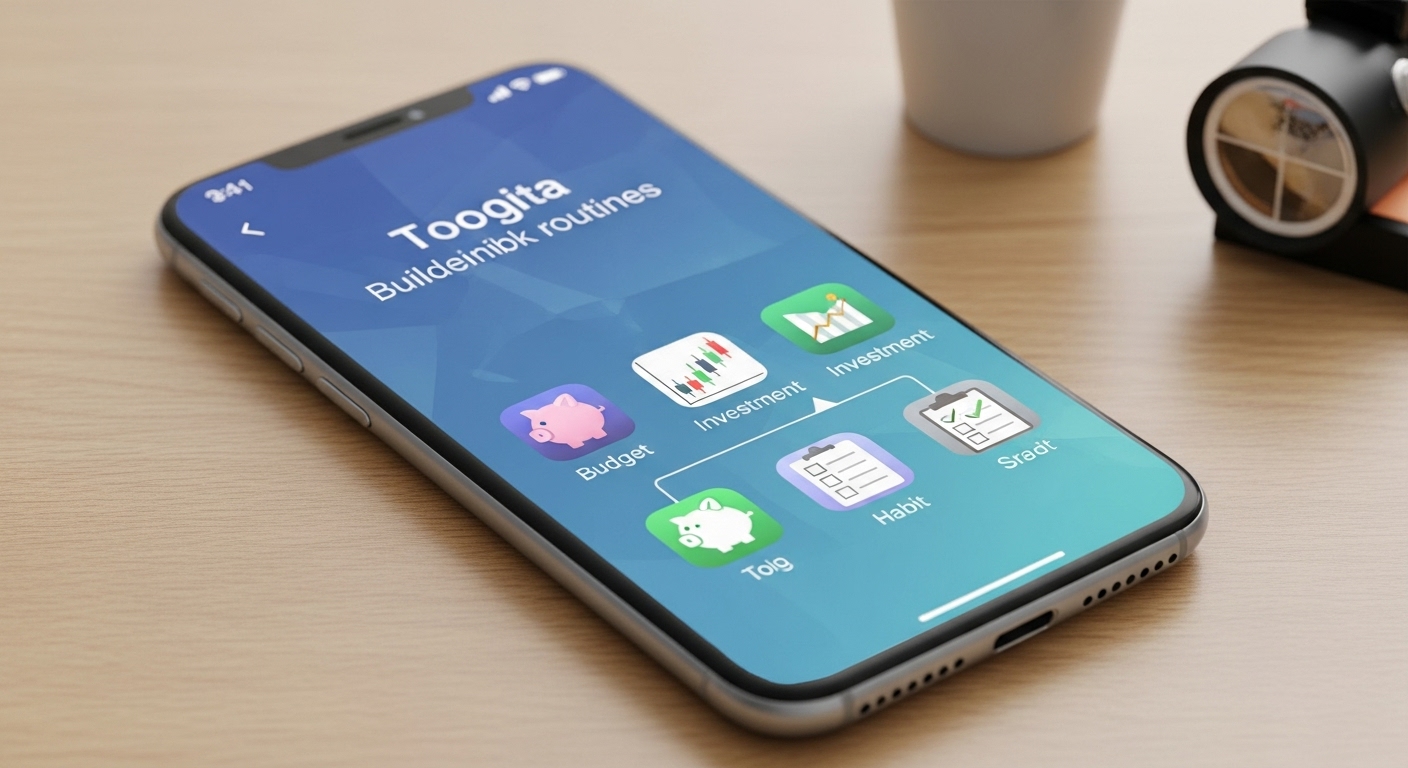 예산, 투자, 습관 추적 앱 아이콘이 보이는 스마트폰 화면. 루틴 관리를 위한 디지털 도구를 상징.