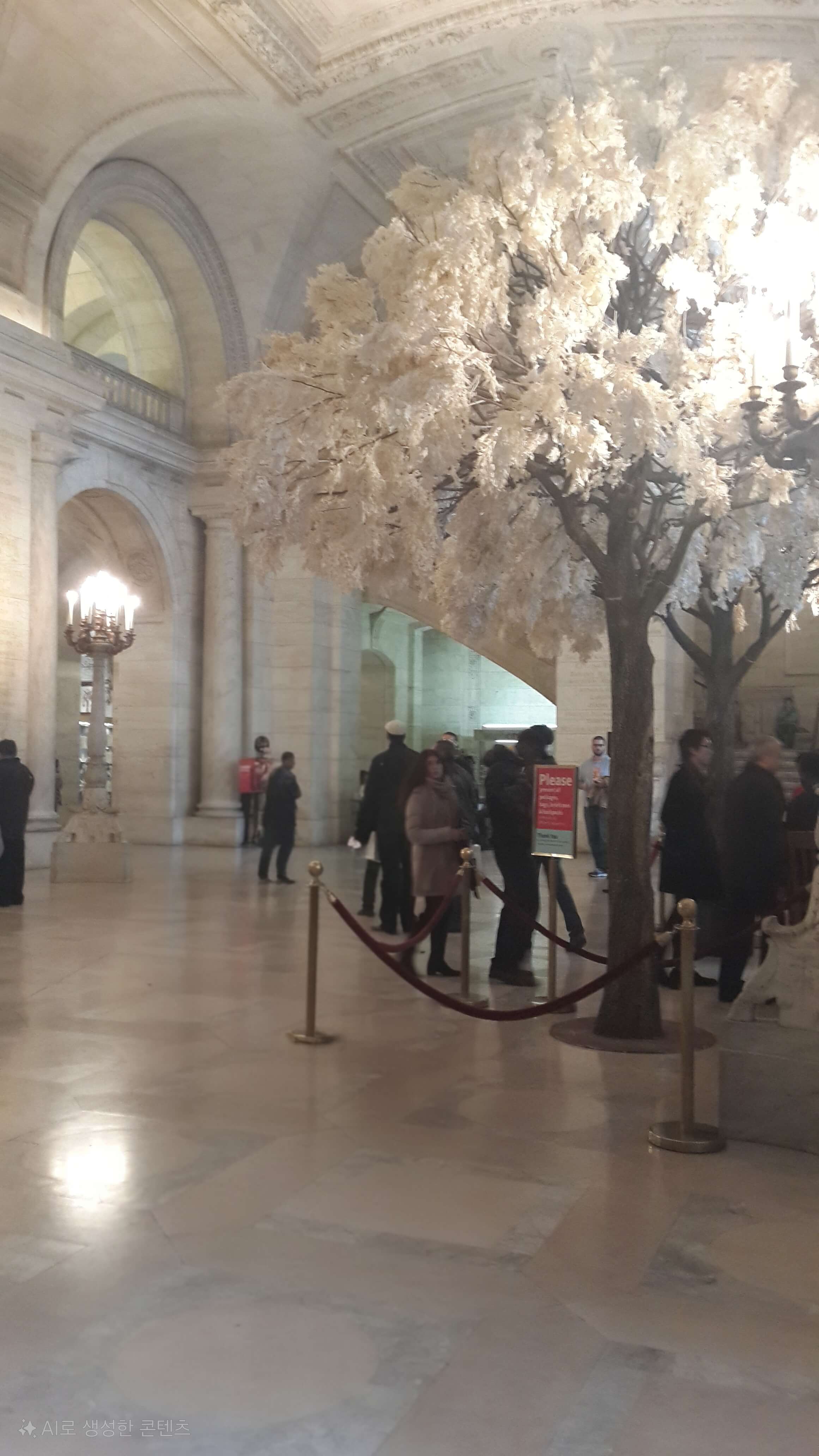 도서관 내부의 고풍스러운 복도 혹은 열람실 한편을 담은 사진. 따뜻한 색감의 조명과 대리석 건축 디테일이 돋보이며, 여행의 마무리를 상기시키는 정적인 분위기의 도서관 풍경.