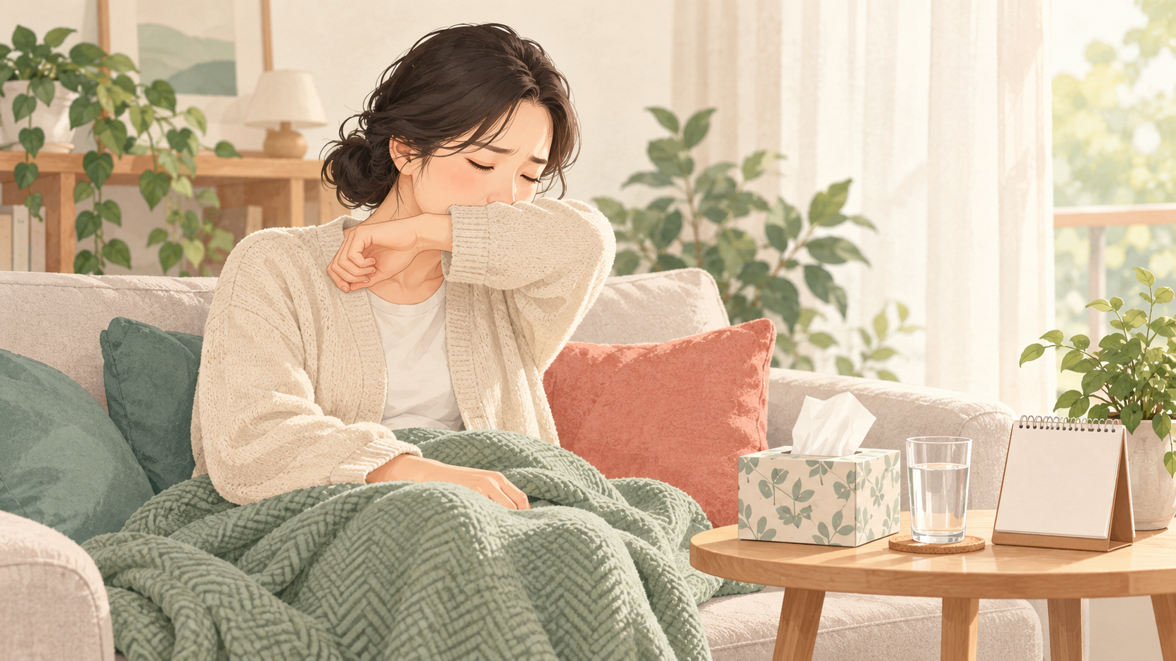 감기 뒤 잔기침이 남아 집에서 쉬는 성인