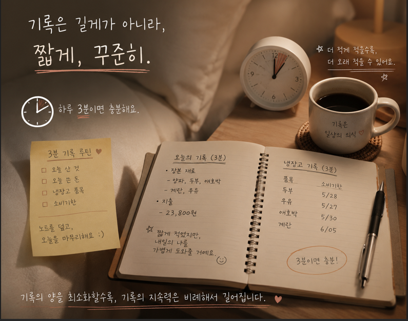 아늑한 조명 아래, '3분 기록 루틴'이 적힌 포스트잇과 '오늘의 기록', '냉장고 기록'이 간단히 정리된 노트, 그리고 시계와 커피가 놓여 있는 모습. '기록은 길게가 아니라, 짧게 꾸준히'라는 문구가 강조된 이미지.