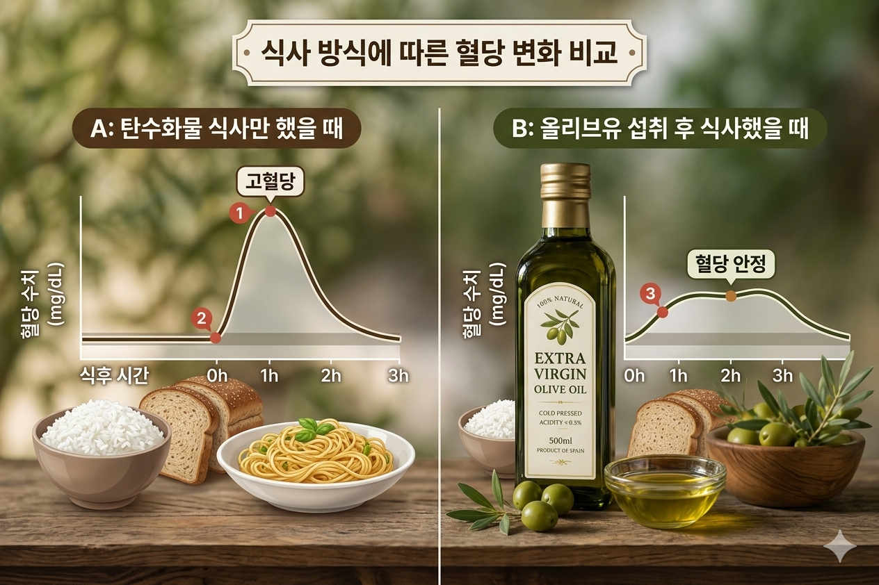 탄수화물 식사만 했을 때 vs 올리브유 섭취 후 식사했을 때의 혈당 변화 비교 그래프 사진