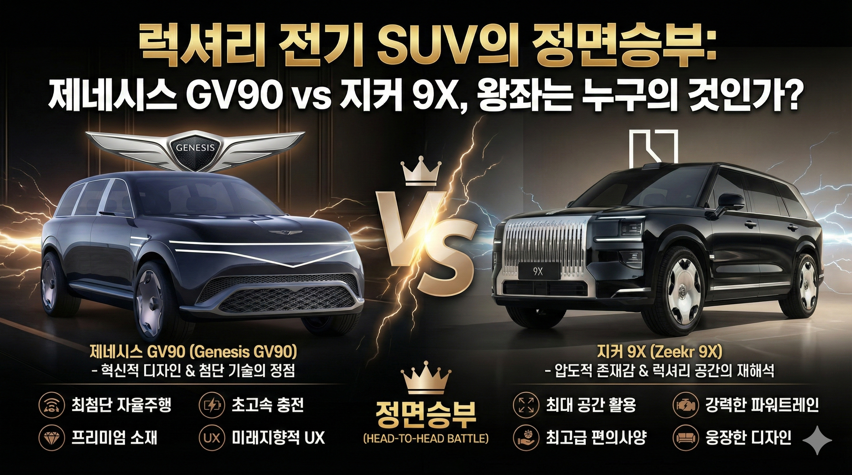 웅장한 제네시스 GV90의 B필러리스 코치도어 오픈 모습과 지커 9X의 압도적 전면 그릴 및 1,381마력 스펙이 대조된 비교 인포그래픽 이미지 (제미나이 AI 합성)