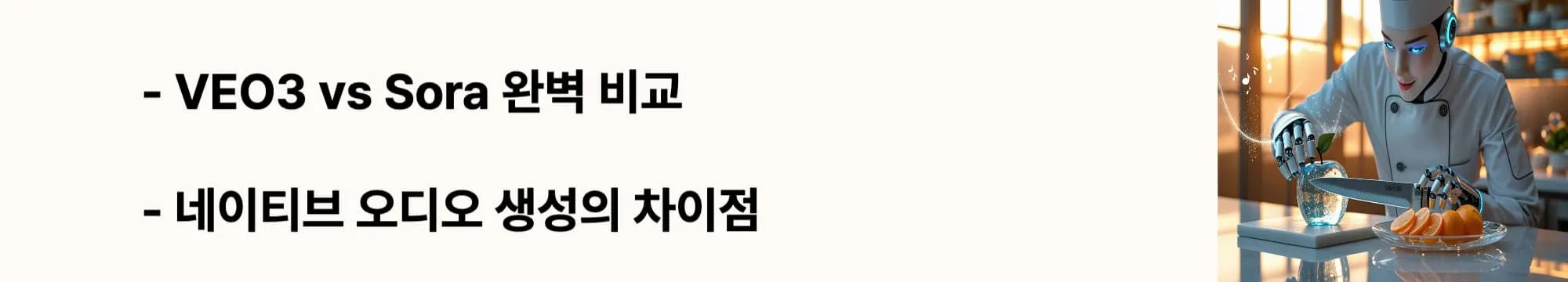 VEO3 vs Sora 완벽 비교'와 '네이티브 오디오 생성의 차이점'라는 문구가 포함된 웹배너 이미지. 이 이미지는 VEO3와 Sora의 기능 차이점과 네이티브 오디오 생성 기술을 시각적으로 전달하며, 블로그의 AI 영상 생성 도구 비교와 관련된 내용을 설명함 (VEO3 vs Sora comparison native audio generation)