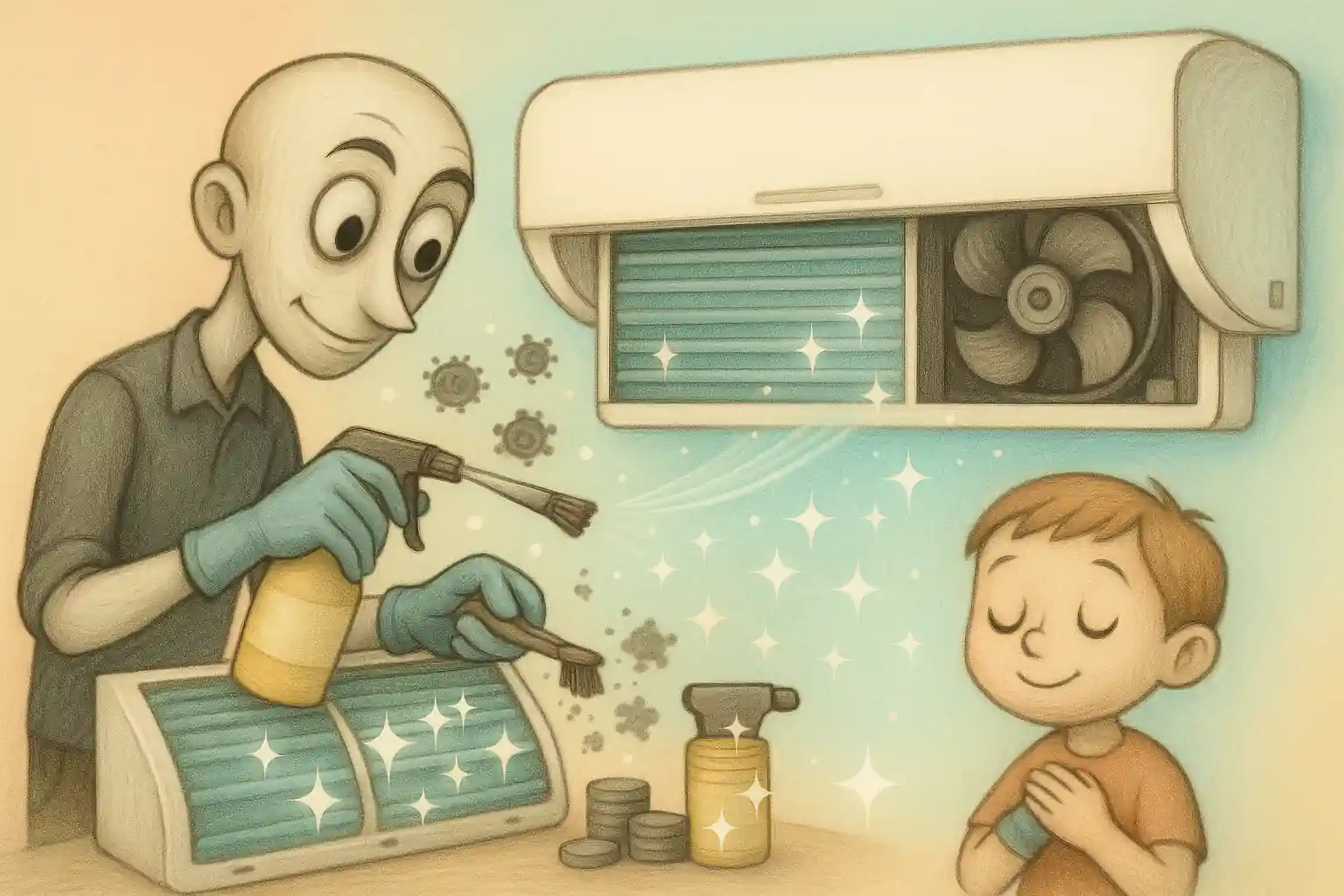 팀 버튼 스타일 전문가가 에어컨 내부를 정밀하게 청소하는 감성 일러스트
