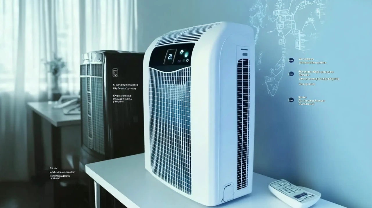 다양한 이동식 에어컨 모델의 에너지 효율을 비교한 차트를 설명하며, 높은 에너지 절약을 강조합니다.