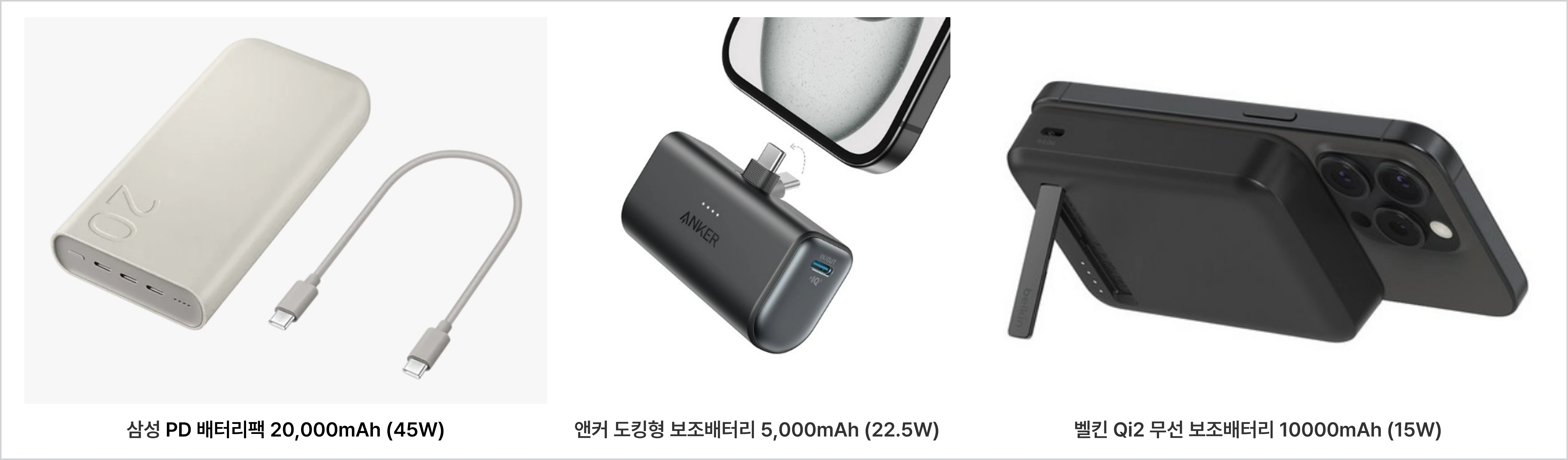 다양한 종류의 보조 배터리, 삼성 PD 배터리팩, 앤커 Anker 도킹형 보조배터리, 벨킨 Belkin Qi2 무선 보조배터리, 맥세이프, McSafe