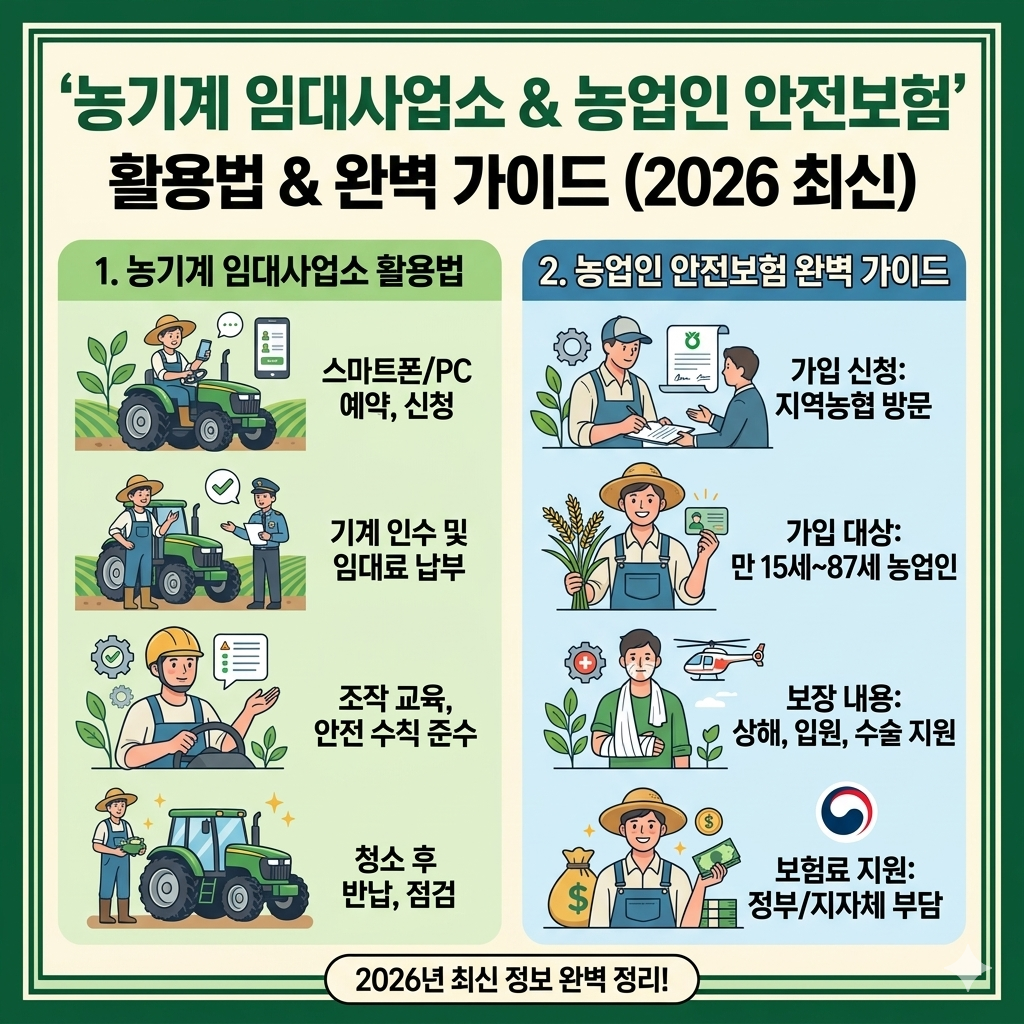 농기계 임대사업과 농업인 안전보험 보장에 대한 활용법 가이드 인포그래픽