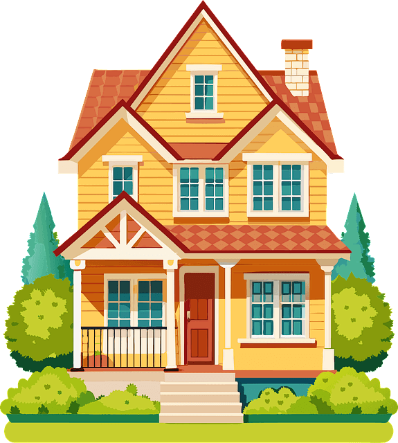 갈색의 2층 주택이다. 창문은 하늘색이고, 집주변에 나무들이 가득하다.