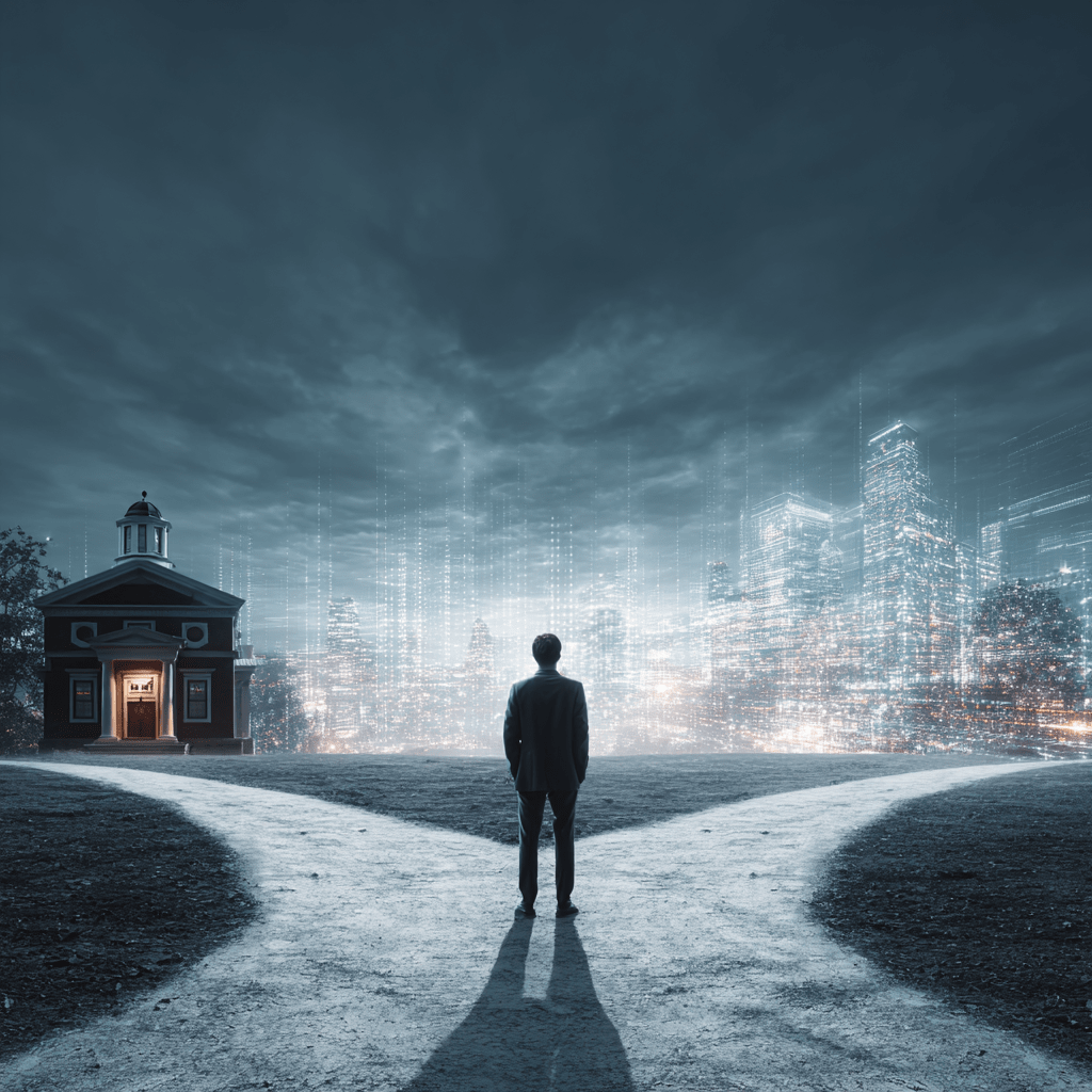 AI 시대의 갈림길에 선 사람, 전통적인 대학 건물과 미래적인 도시 풍경 사이에서 고민하는 모습