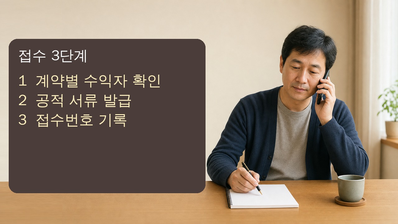 중년 청구인이 수익자 확인 후 공적 서류를 발급하고 보험사에 접수번호를 받는 장면