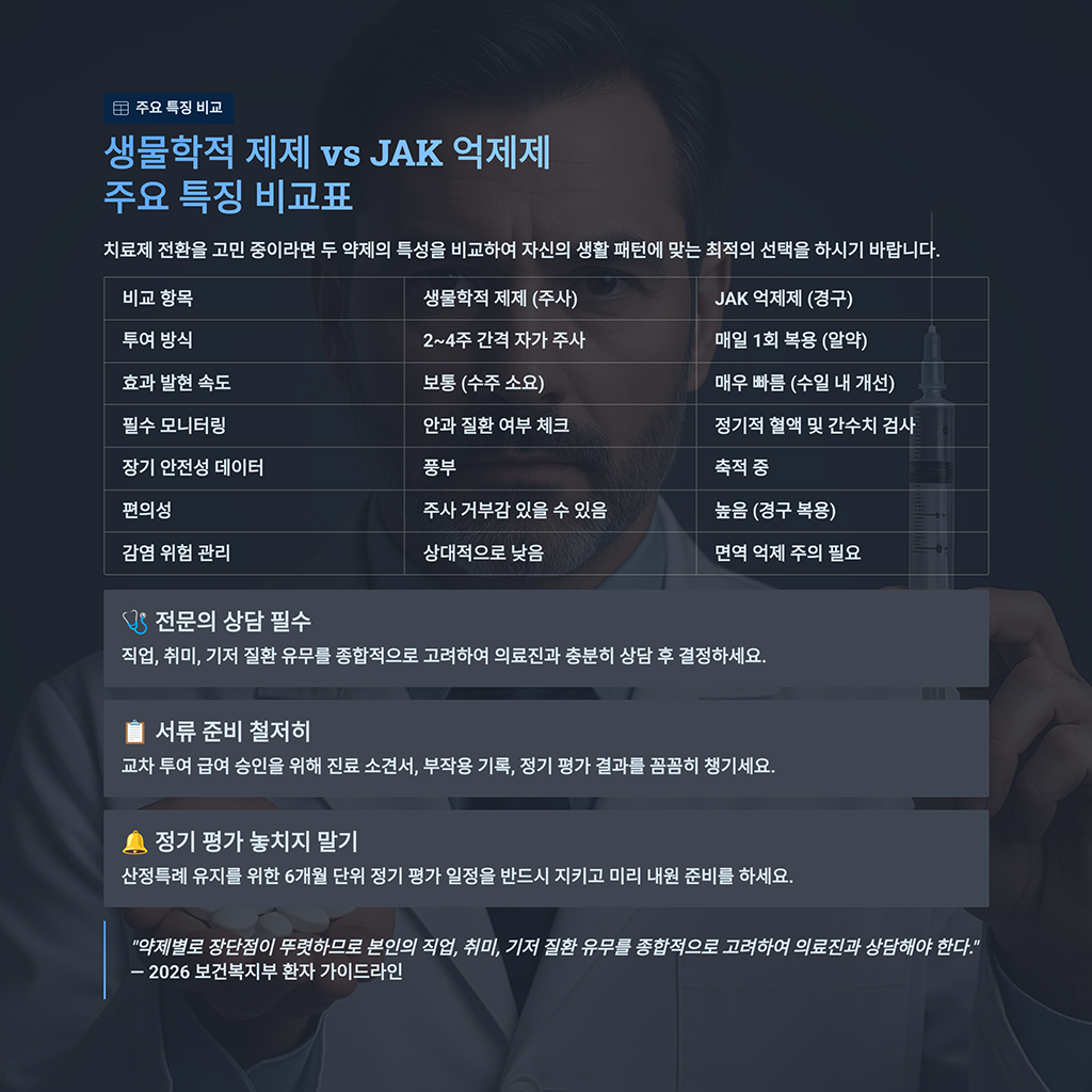 생물학적 제제 vs JAK 억제제 주요 특징 비교표
