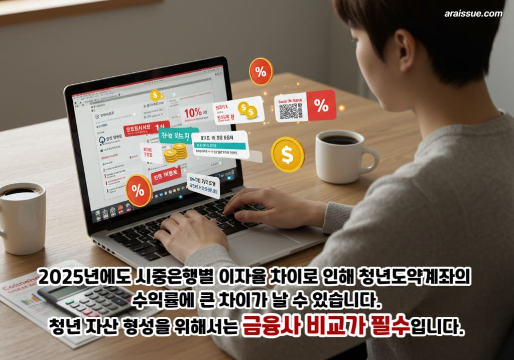 2025년에도 시중은행별 이자율 차이로 인해 청년도약계좌의 수익률에 큰 차이가 날 수 있습니다. 청년 자산 형성을 위해서는 금융사 비교가 필수입니다.