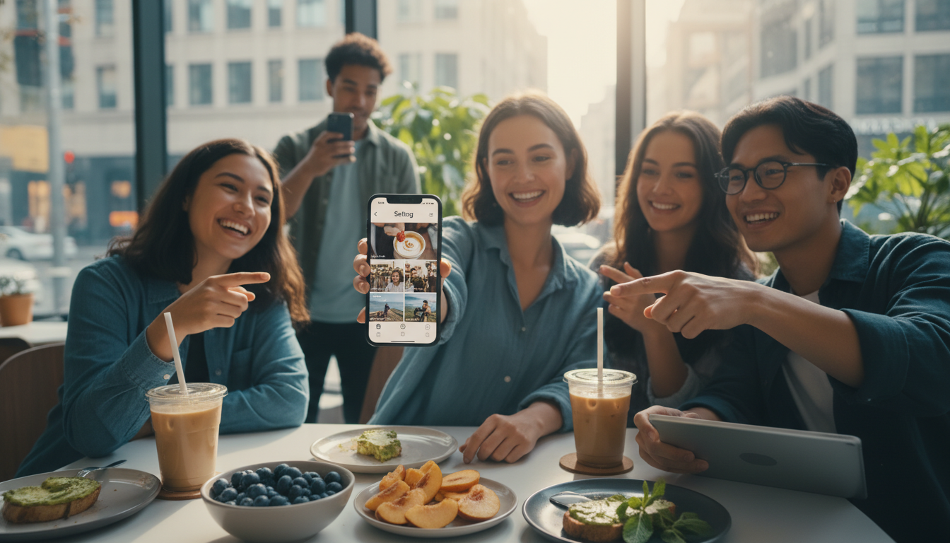 MZ세대의 순간 소비 트렌드를 상징하는 다채로운 이미지. 스마트폰으로 '셋로그' 앱을 사용하는 모습과 신선한 제철 식재료, 자연 친화적인 패션 아이템이 조화롭게 배치되어 MZ세대의 라이프스타일과 소비 문화를 보여줍니다.