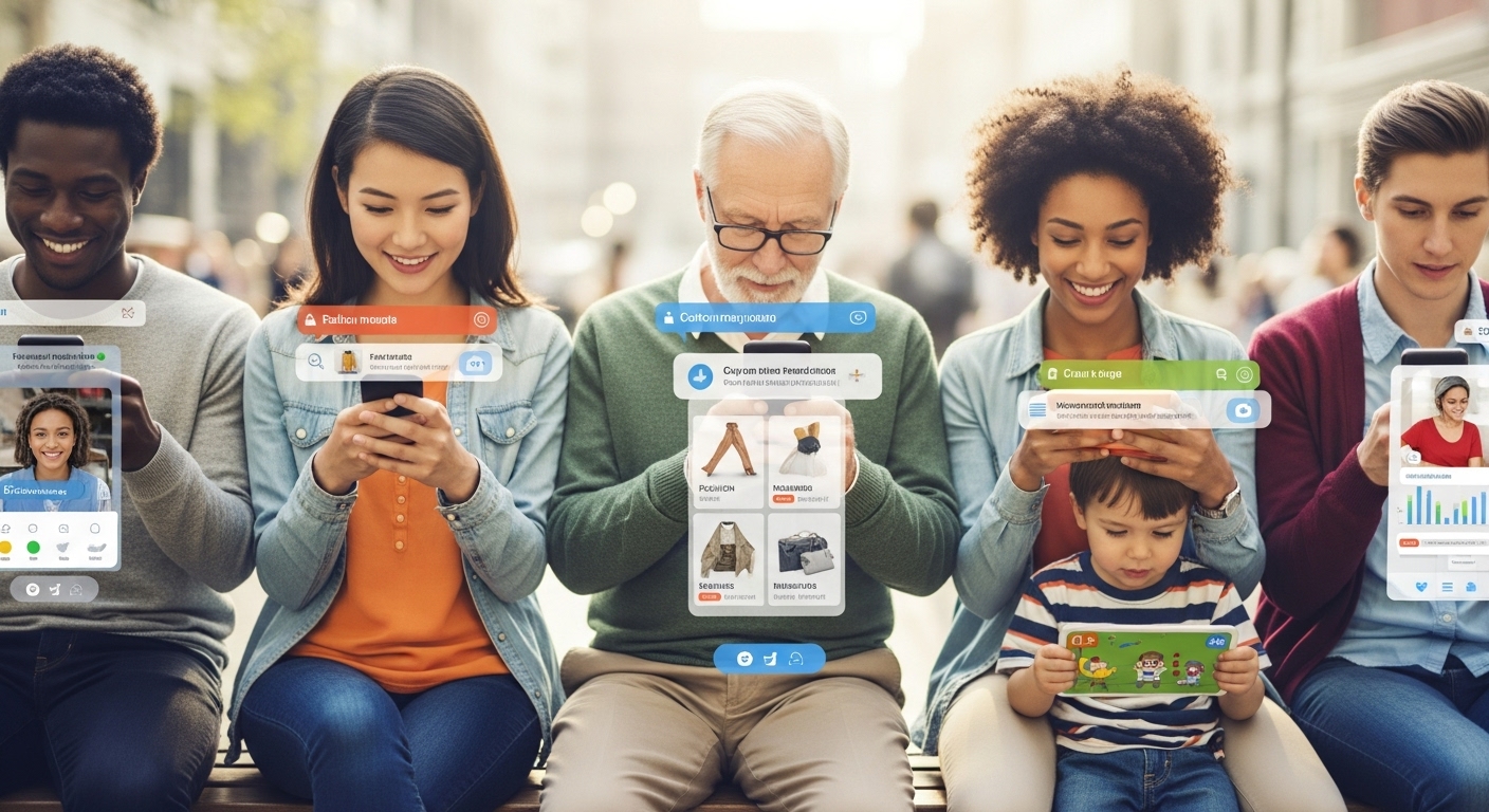 웹, 모바일, 이메일 등 다양한 채널이 통합된 옴니채널 개인화 마케팅 시스템을 관리하는 전문가의 모습