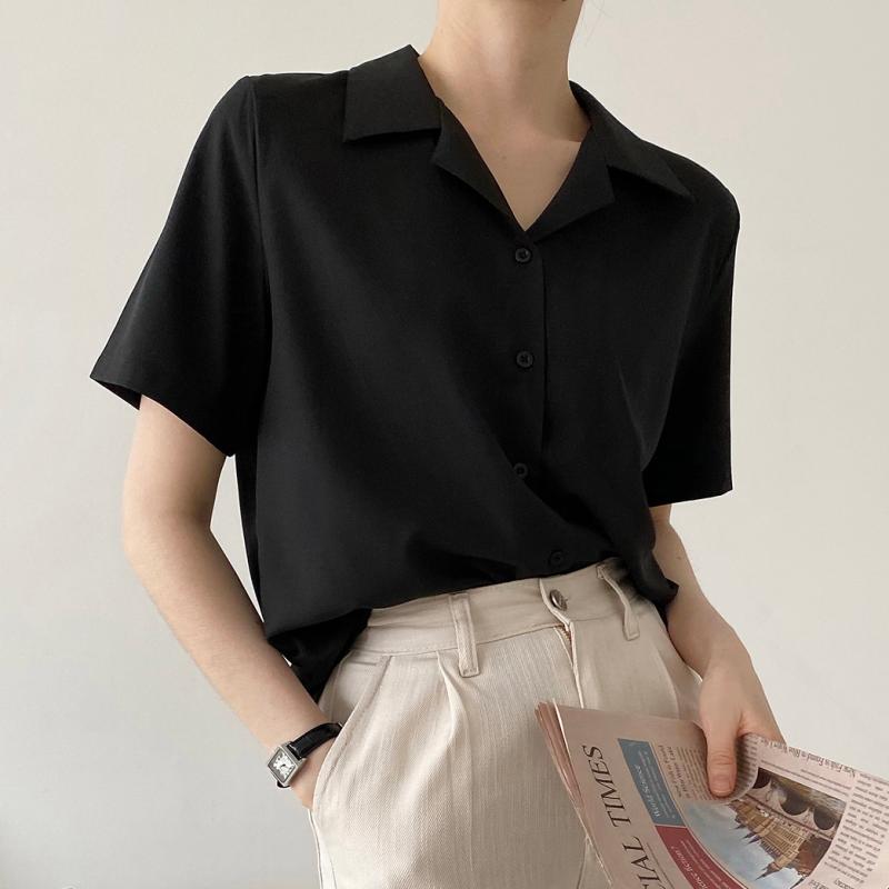 구김없는 여성 여름 반팔 오픈카라 셔츠 블라우스 쉬폰 화이트 브이넥