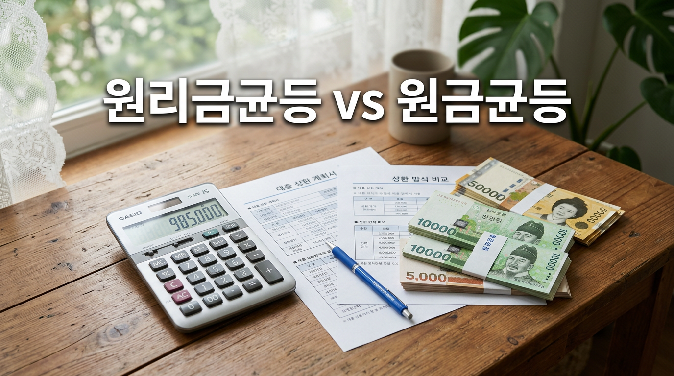원리금균등과 원금균등 상환 방식을 비교하는 계산기와 서류 사진