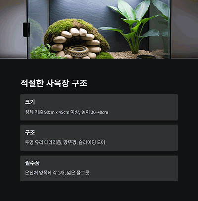 절한 사육장 크기와 구조가 기본입니다