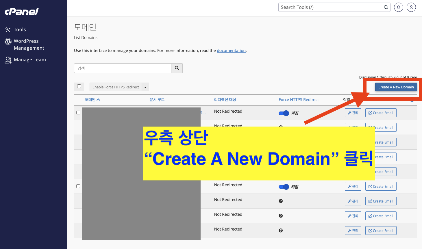 도메인 생성 메뉴 선택