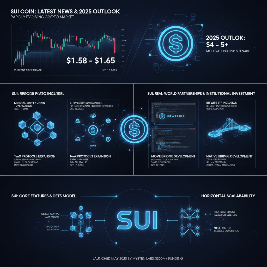 SUI 코인의 최신 뉴스, 2025년 전망, 핵심 기능 및 파트너십을 요약한 인포그래픽