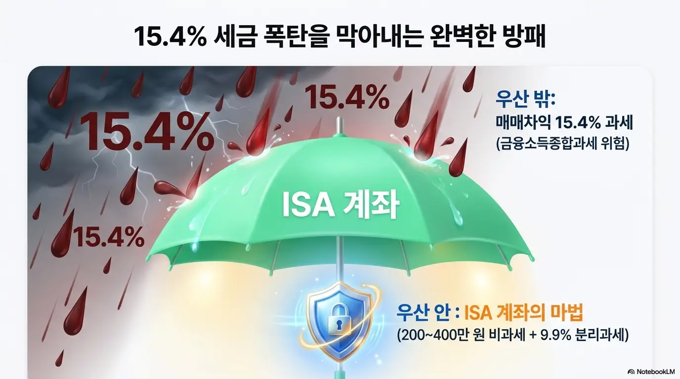 코스닥 레버리지 ETF 비교: 15.4% 세금 폭탄을 막아내는 완벽한 방패라는 문구와 함께 일반 계좌에서는 매매차익에 배당소득세 15.4%가 부과되지만 ISA 계좌를 활용하면 200만 원에서 400만 원까지 비과세이고 초과분은 9.9% 분리과세가 적용되는 구조를 우산 일러스트로 표현한 인포그래픽 이미지. 이 이미지는 코스닥 레버리지 ETF 세금과 ISA 계좌 절세 효과를 시각적으로 전달하며 블로그의 코스닥 레버리지 ETF 세금 구조와 관련된 내용을 설명함 