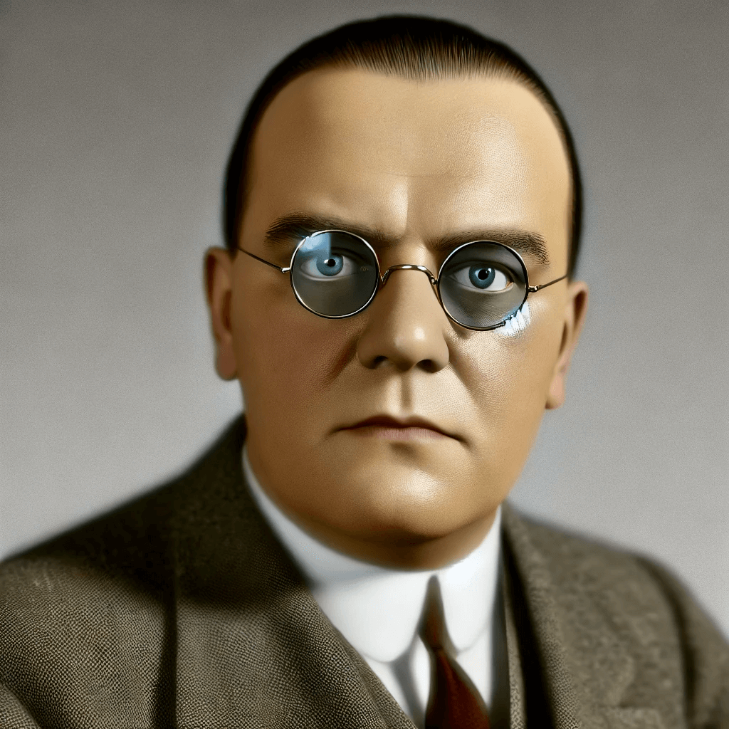 영화감독 프리츠랑의 초상, 동그란 1950년대 스타일의 학자가 쓸법한 안경을 쓰고있다 짧은 머리에 약간의 인상을 쓰고있고 입을 다물고 있다 정면을 응시하고 있다.