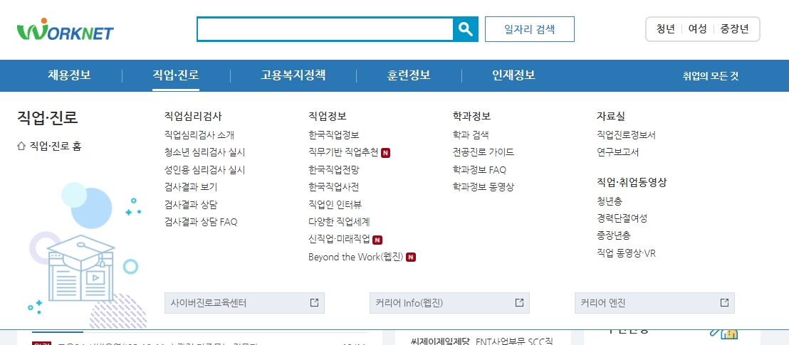 구직자 취업 역량 강화 프로그램과 고용 복지 정책 안내 화면