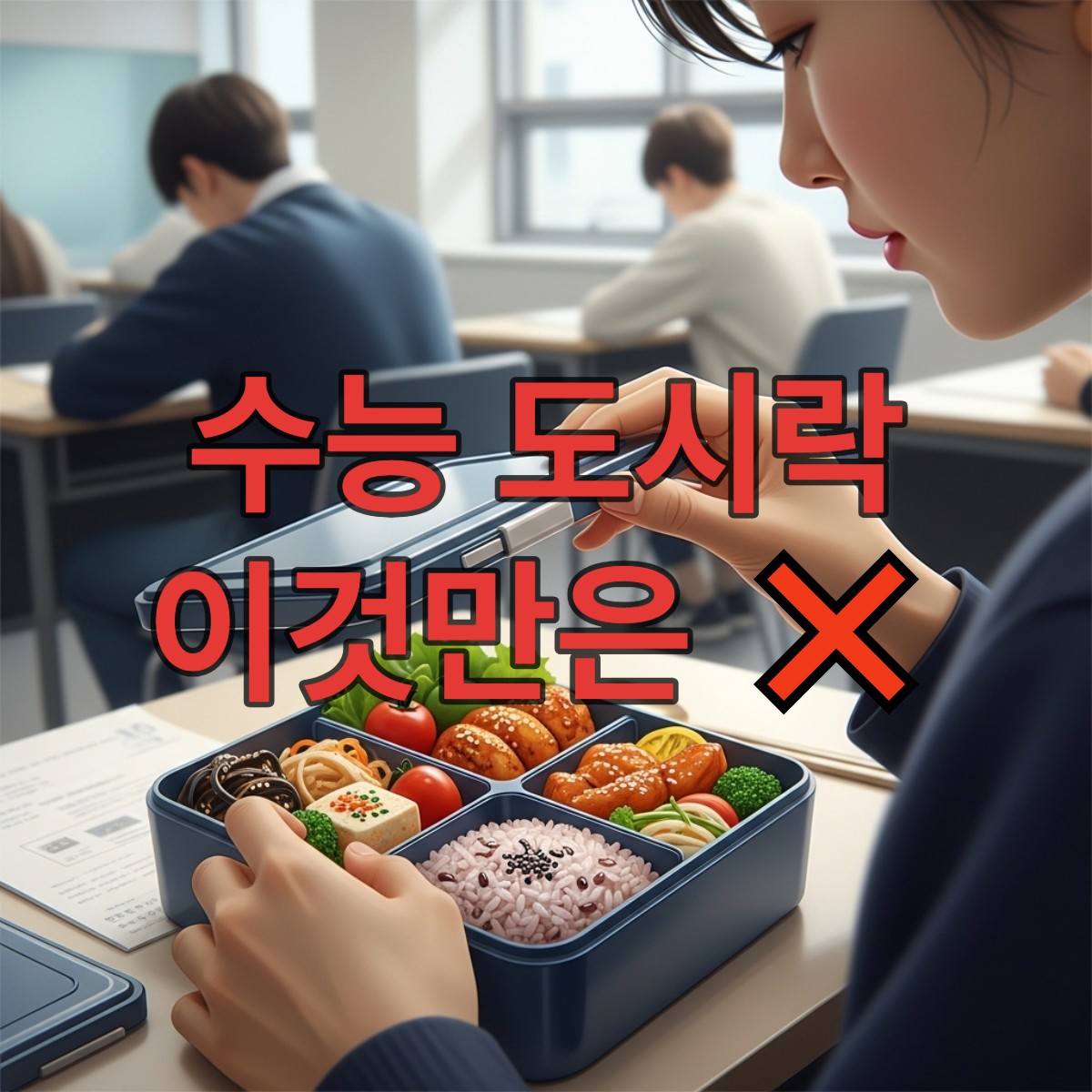 수능 시험 중 건강하고 균형 잡힌 도시락을 조심스럽게 여는 수험생의 손