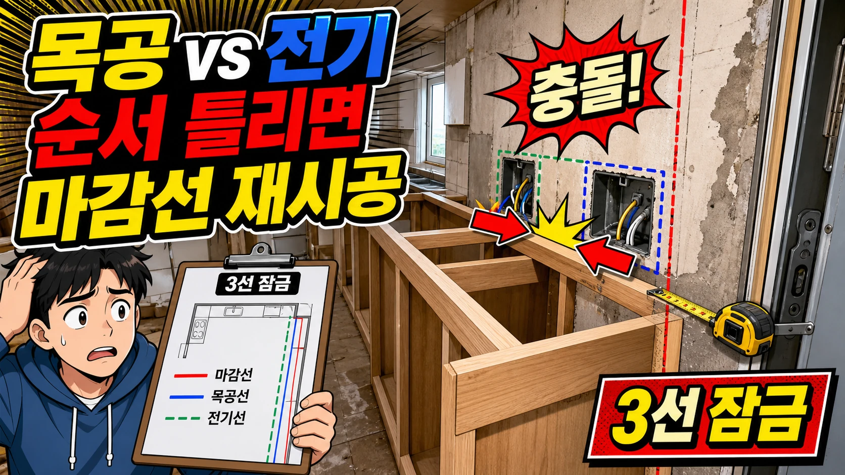 목공 마감선과 주방 콘센트 위치가 충돌하는 반셀프 인테리어 현장을 체크리스트로 정리한 썸네일