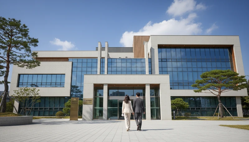 관할 가정법원 건물 입구로 향하는 부부의 뒷모습. 협의이혼 절차의 시작을 상징합니다.