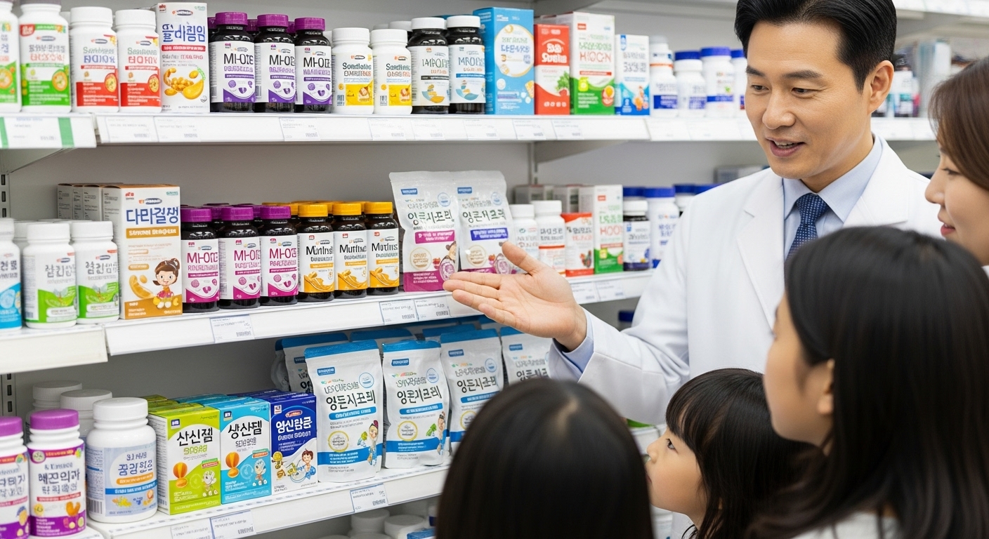 약국 진열대에 다양한 어린이 영양제가 놓여 있는 장면