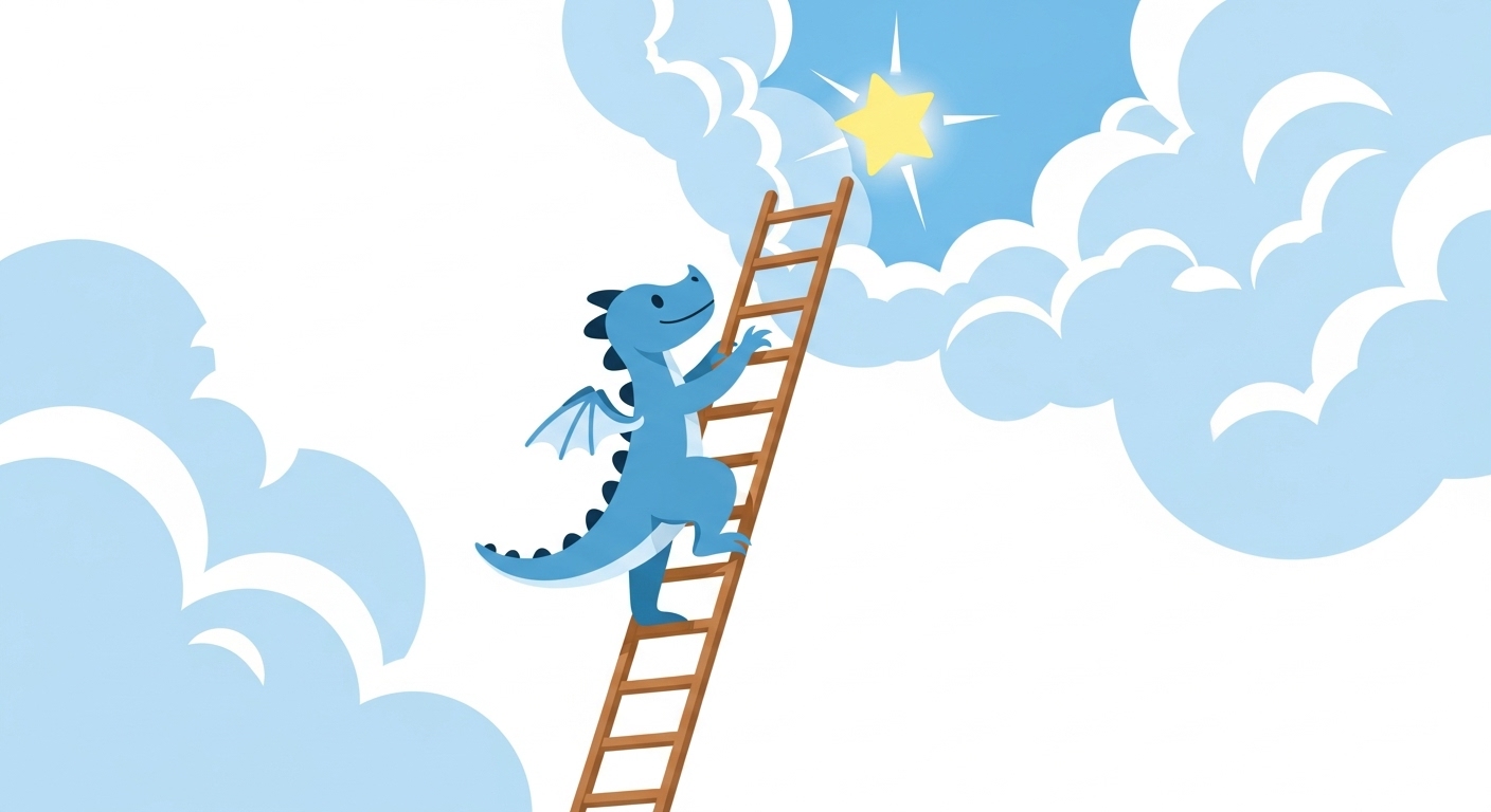 구름을 향해 사다리를 오르며 별을 잡으려는 야망과 성장을 보여주는 용 캐릭터 일러스트