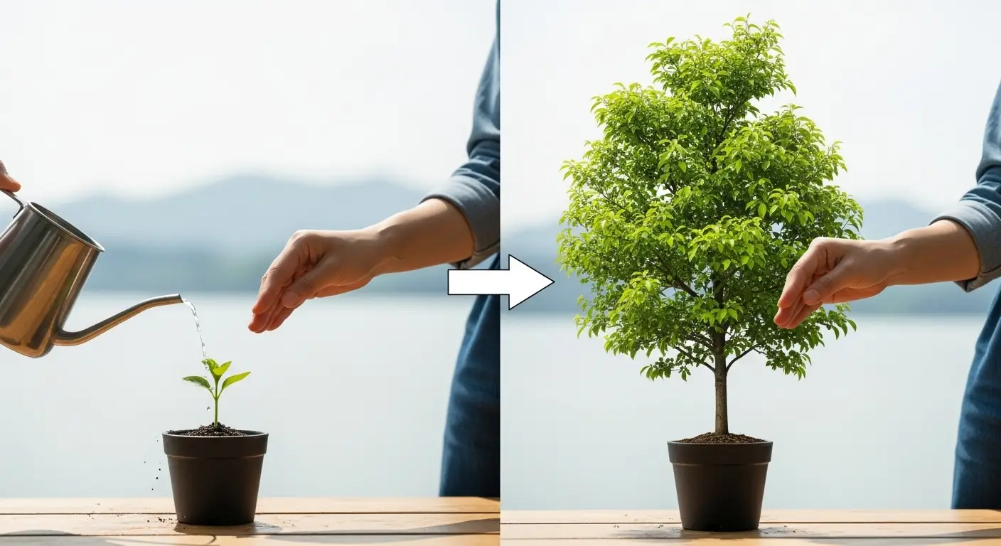 작은 묘목(첫 대출)에 꾸준히 물(성실 상환)을 주어 큰 나무(추가 대출 한도)로 자라나는 모습