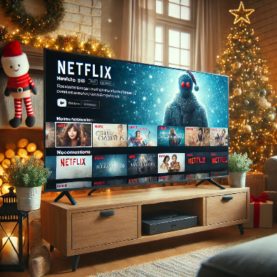 넷플릭스 홈 화면이 표시된 TV 화면으로 설 연휴에 추천되는 영화 목록이 포함된 장면