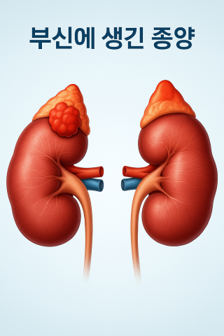 부신 위치와 부신피질암 종양을 보여주는 의학 인포그래픽