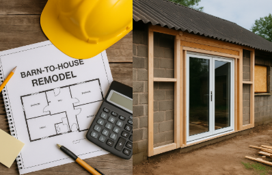 시골 창고를 주택으로 리모델링하는 현장을 보여주는 사진으로, 왼쪽에는 설계 도면과 안전모, 계산기가 있고 오른쪽에는 시공 중인 창고 외벽과 새로 설치된 유리문이 보인다.