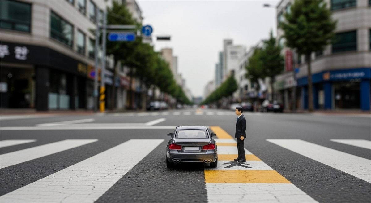 건너려는 보행자 기준을 상징적으로 보여주는 장면
