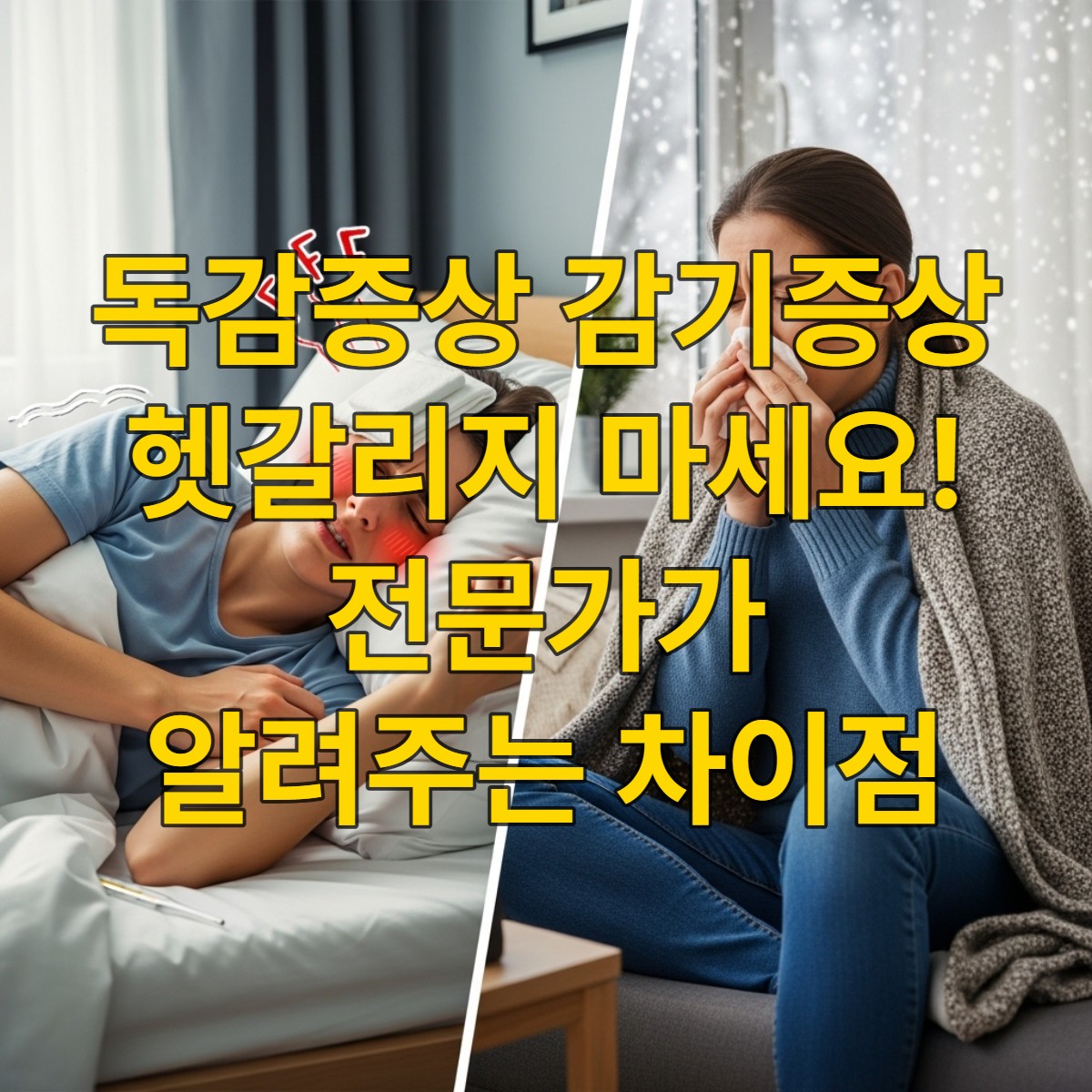 겨울철 독감과 감기 증상의 주요 차이점을 시각적으로 비교하는 이미지