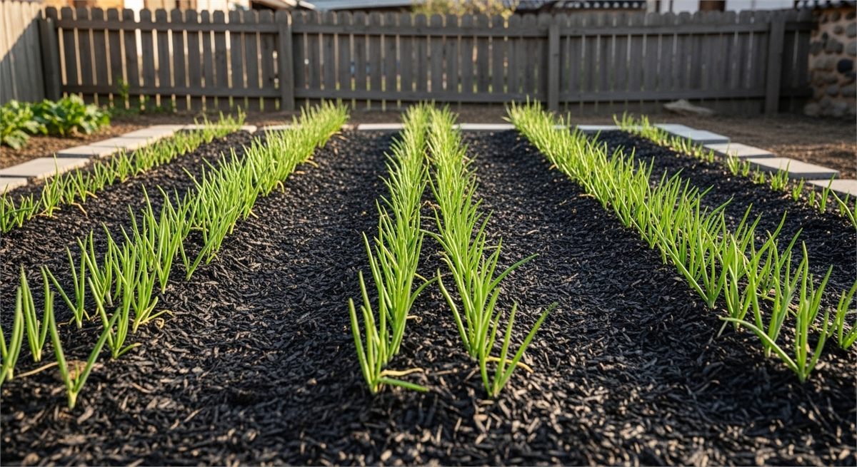 비닐멀칭과 줄 심기가 된 쪽파 텃밭 전경 