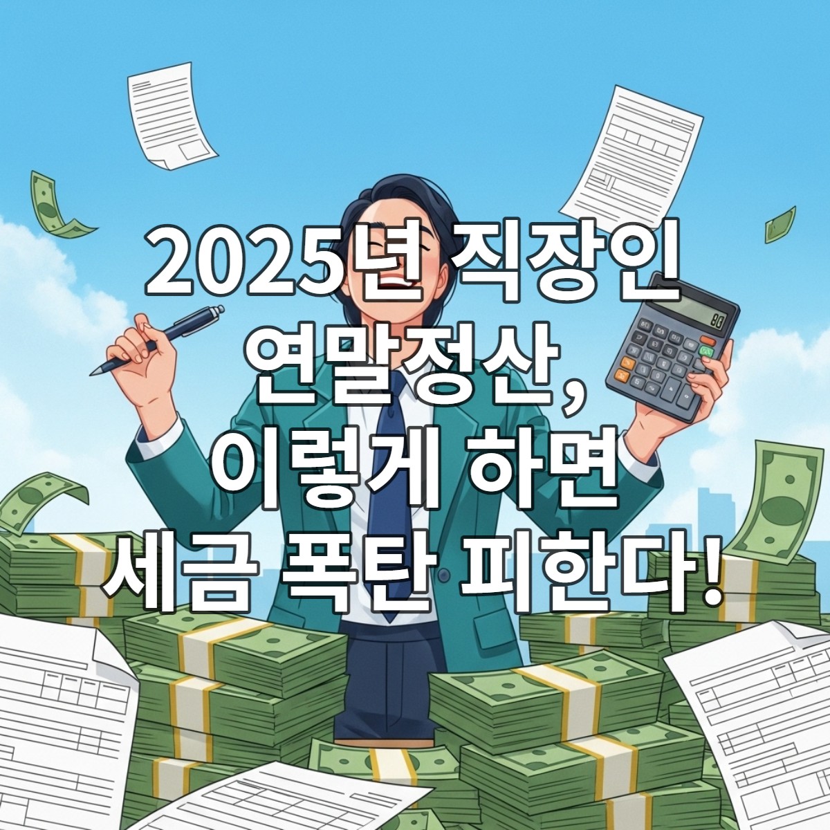 2025년 연말정산을 통해 세금 환급을 받고 행복해하는 직장인, 절세 성공을 상징하는 밝고 긍정적인 이미지