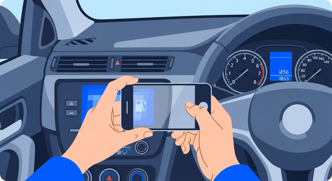 제주 렌트카 인수 시, 스마트폰으로 차량의 연료 게이지와 계기판을 촬영하는 모습.